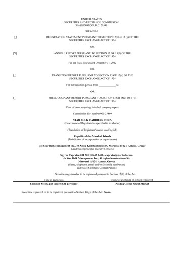 Thumbnail Star Bulk Carriers 20-F Annual Report 2012