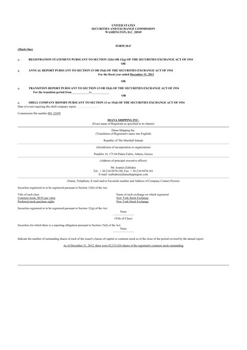 Thumbnail Diana Shipping 20-F Annual Report 2012