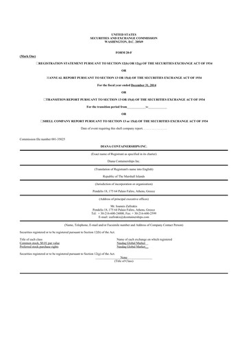 Miniature Performance Shipping
 20-F Rapport annuel 2014