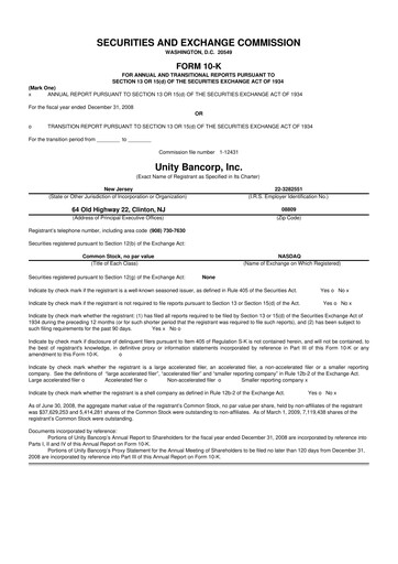 Miniature Unity Bancorp 10-K Rapport annuel 