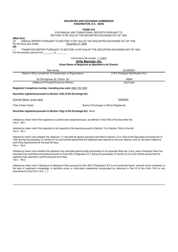 Miniature Unity Bancorp 10-K Rapport annuel 