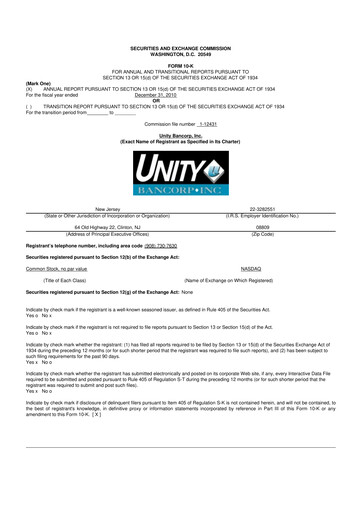 Miniature Unity Bancorp 10-K Rapport annuel 