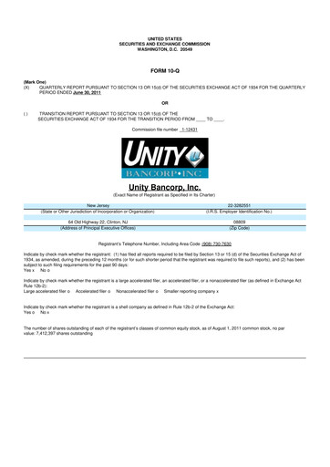 Thumbnail Unity Bancorp 10-Q Quarterly Report FY2011 