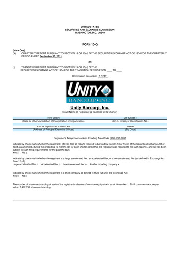 Thumbnail Unity Bancorp 10-Q Quarterly Report FY2011 
