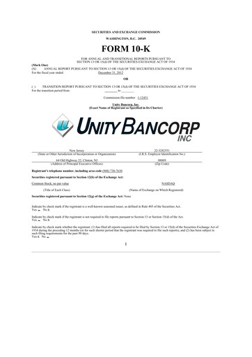 Vorschaubild Unity Bancorp 10-K Jahresbericht 2012