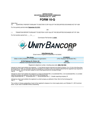 Thumbnail Unity Bancorp 10-Q Quarterly Report FY2015 