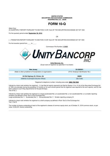 Thumbnail Unity Bancorp 10-Q Quarterly Report FY2016 