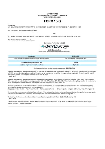 Thumbnail Unity Bancorp 10-Q Quarterly Report FY2018 