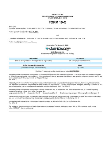 Thumbnail Unity Bancorp 10-Q Quarterly Report FY2018 