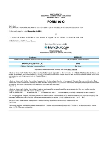 Thumbnail Unity Bancorp 10-Q Quarterly Report FY2018 