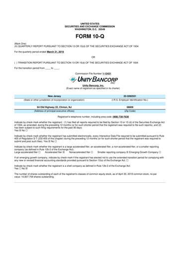 Thumbnail Unity Bancorp 10-Q Quarterly Report FY2019 