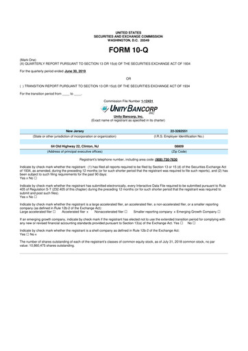 Thumbnail Unity Bancorp 10-Q Quarterly Report FY2019 