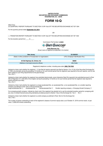Thumbnail Unity Bancorp 10-Q Quarterly Report FY2019 