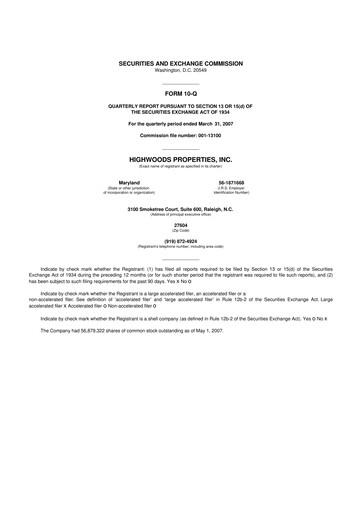 Miniature Highwoods Properties
 10-Q Rapport trimestriel  