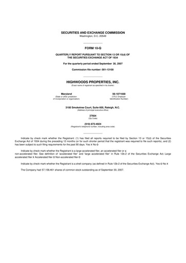 Miniature Highwoods Properties
 10-Q Rapport trimestriel  