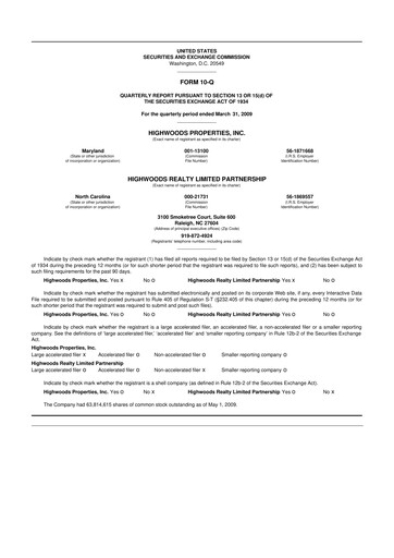 Miniature Highwoods Properties
 10-Q Rapport trimestriel  