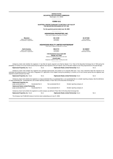 Miniature Highwoods Properties
 10-Q Rapport trimestriel  