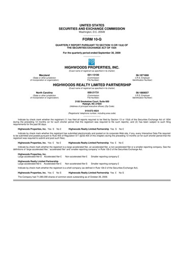 Miniature Highwoods Properties
 10-Q Rapport trimestriel  