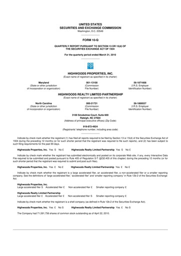 Miniature Highwoods Properties
 10-Q Rapport trimestriel  