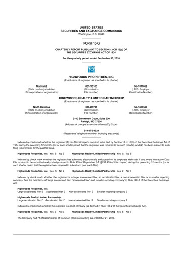 Miniature Highwoods Properties
 10-Q Rapport trimestriel 2010 
