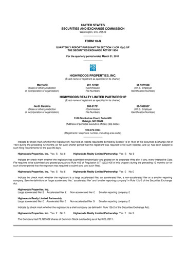 Miniature Highwoods Properties
 10-Q Rapport trimestriel 2011 