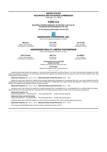 Miniature Highwoods Properties
 10-Q Rapport trimestriel 2012 