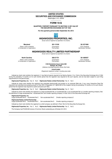 Miniature Highwoods Properties
 10-Q Rapport trimestriel 2012 