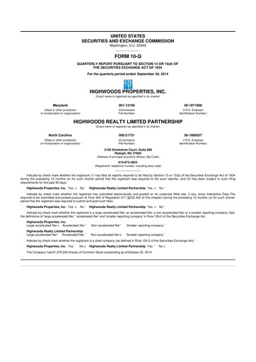 Miniature Highwoods Properties
 10-Q Rapport trimestriel  