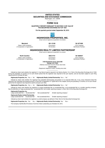 Miniature Highwoods Properties
 10-Q Rapport trimestriel  