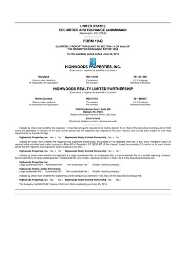 Miniature Highwoods Properties
 10-Q Rapport trimestriel  