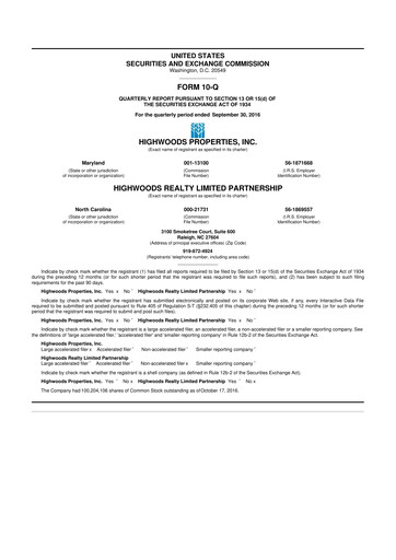 Miniature Highwoods Properties
 10-Q Rapport trimestriel  