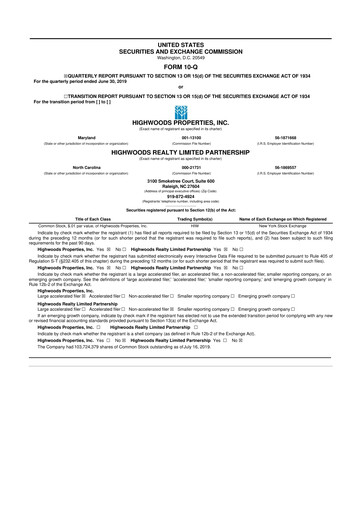 Miniature Highwoods Properties
 10-Q Rapport trimestriel  