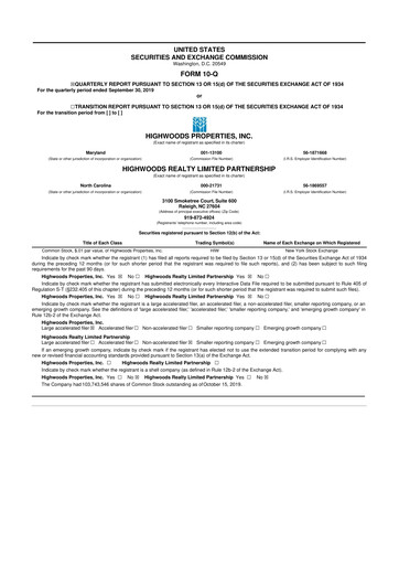 Miniature Highwoods Properties
 10-Q Rapport trimestriel  
