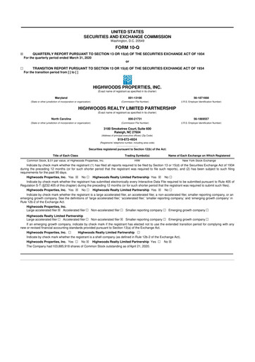 Miniature Highwoods Properties
 10-Q Rapport trimestriel  