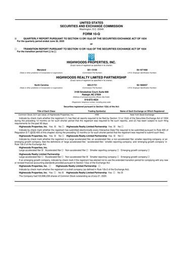 Miniature Highwoods Properties
 10-Q Rapport trimestriel  