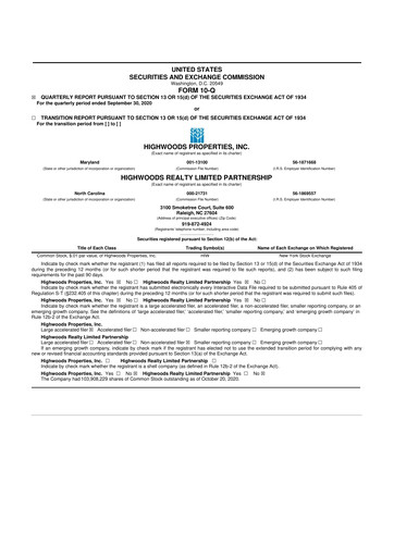 Miniature Highwoods Properties
 10-Q Rapport trimestriel  