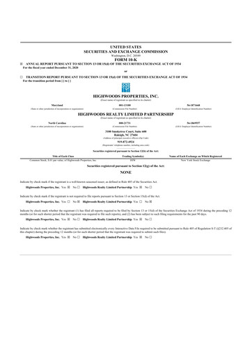 Thumbnail Highwoods Properties
 10-K Annual Report 