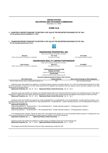 Miniature Highwoods Properties
 10-Q Rapport trimestriel  