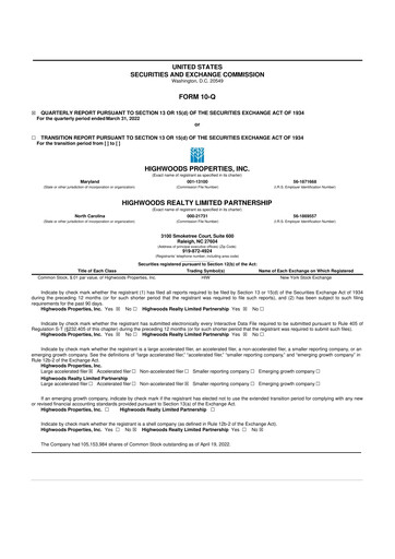 Miniature Highwoods Properties
 10-Q Rapport trimestriel  