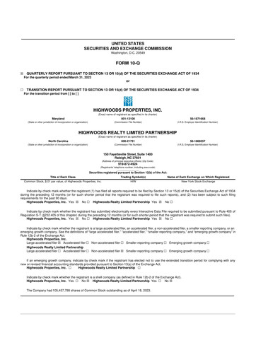 Miniature Highwoods Properties
 10-Q Rapport trimestriel  