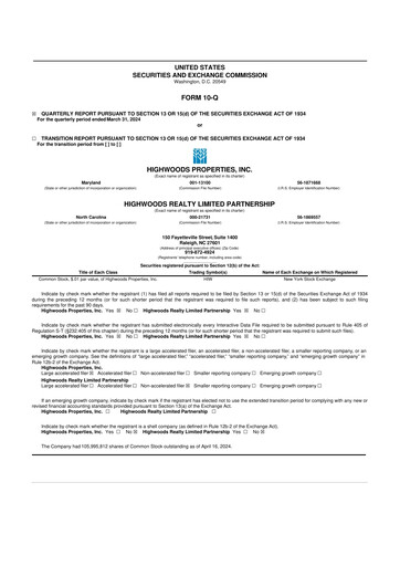 Miniature Highwoods Properties
 10-Q Rapport trimestriel  