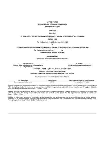 Miniature SSR Mining 10-Q Rapport trimestriel  