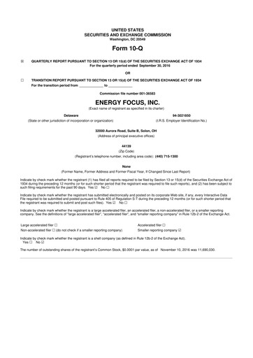 Miniature Energy Focus 10-Q Rapport trimestriel 2016 