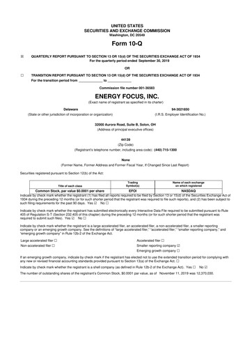 Miniature Energy Focus 10-Q Rapport trimestriel 2019 