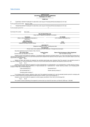 Thumbnail Miller Industries 10-Q Quarterly Report FY2020 