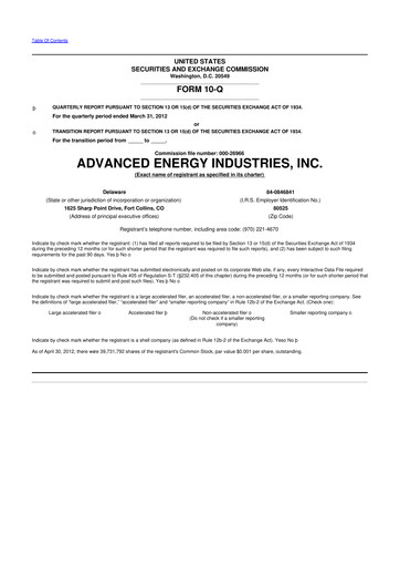 Thumbnail Advanced Energy 10-Q Quarterly Report FY2012 