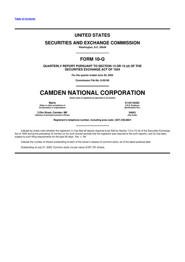 Thumbnail Camden National Corporation
 10-Q Quarterly Report FY 