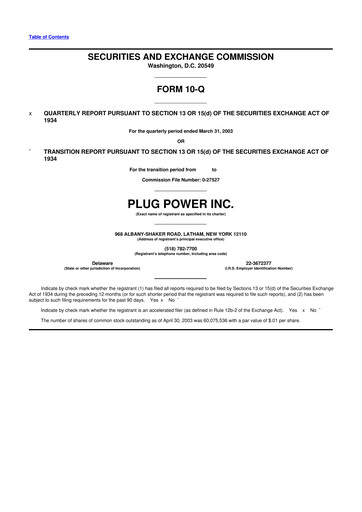 Thumbnail Plug Power 10-Q Quarterly Report FY 