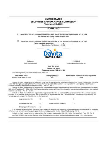 Thumbnail DaVita 10-Q Quarterly Report FY2020 