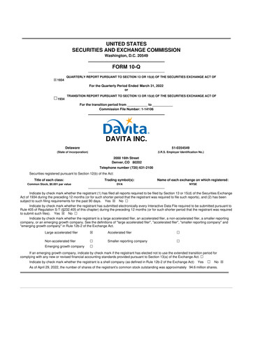 Thumbnail DaVita 10-Q Quarterly Report FY2022 